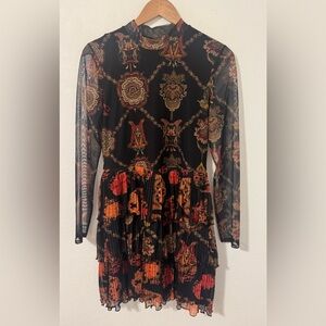 Desigual Mesh Mini Dress Baroque Chain Print Sheer Long Sleeve Pleated Tiered Lg